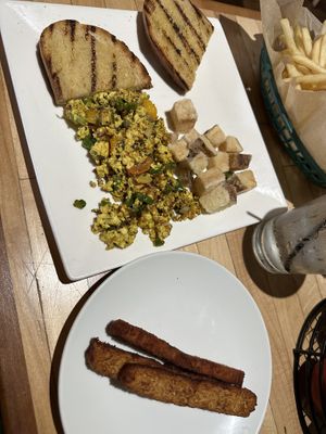 Tofu scramble w side of tempeh 15$. Felt like something lacking for the price  at Lager House in Detroit