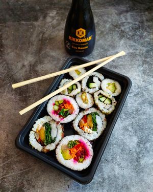 Vegan sushi pack, includes:
Avo & vegan mayo 
Cucumber 
Teriyaki seitan 
Tofu, avo, carrot, daikon, pepper, lettuce &vegan mayo  at Sushea in Newquay