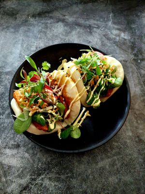 Tempeh bao bun.
Soft steamed bun served with Sushea salad, plum hoisin sauce & kewpie mayo.  at Sushea in Newquay