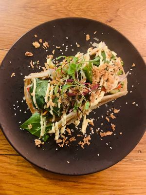 Tofu roti taco.
A crisp, flaky roti, avocado, Sushea salad, wakame, Thai chilli sauce & kewpie mayo at Sushea in Newquay