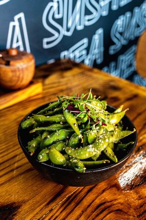 Edamame pods with sesame oil and sea salt  at Sushea in Newquay