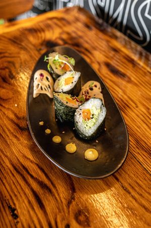 Amazing vegan sushi options including this sweet potato and smashed edamame one.  at Sushea in Newquay