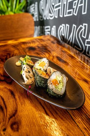 Smashed edamame, sweet potato, vegan mayo maki roll at Sushea in Newquay