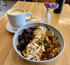 Buda Bowl & Turmeric Latte (no honey)  at El Buho Vegetariano in San Jose