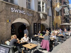Outdoor seating and indoor seating available  at Swing Kitchen in Innsbruck