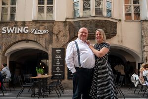 Founders Charly & Irene Schillinger in front if the restaurant.  at Swing Kitchen in Innsbruck