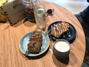 Elderflower lemonade, chai latte, banana bread and pumpkin pie.  at Botania in Utrecht