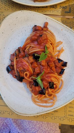 Pasta Norma without the cheese makes it vegan at DOC in Catania