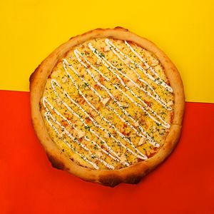 "Pizza Meli with tomato base, four cheese mix (local artisan, mozzarella, blue and cream cheese) and chives. at Color Nativo in Puerto Varas