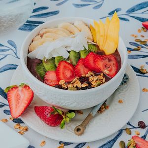 Creamy açaí bowl with fresh seasonal fruit, home-made granola, activated chia seeds and coconut shreds.  at Color Nativo in Puerto Varas