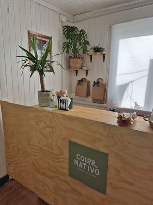 Their small space, decorated thoughtful. There is an outside space to sit that is shared with a coffee shop where you can also order coffee with plant based milks at Color Nativo in Puerto Varas
