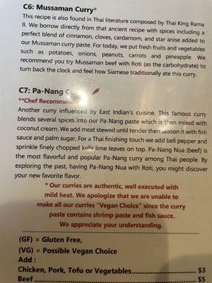 FYI on the curries!  at Taste of Thai by Wipa in Burlington