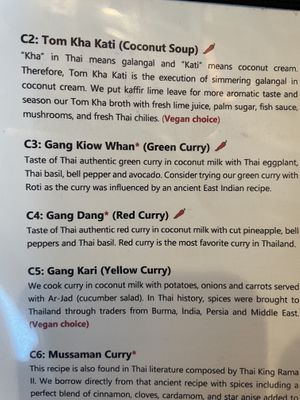 Clearly labeled vegan choices at Taste of Thai by Wipa in Burlington