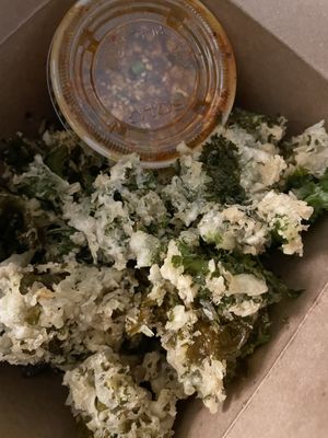 “Chips & dip” = tempura kale (sauce NOT vegan!) at Taste of Thai by Wipa in Burlington