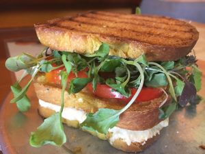 Sandwich de ensalada y ricotta de almendras with house made bread at Peace n Loaf in San Juan