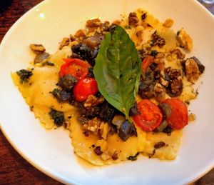 Norma(l) People ravioli with eggplant, tomatoes, walnuts at Sonflour in Cork
