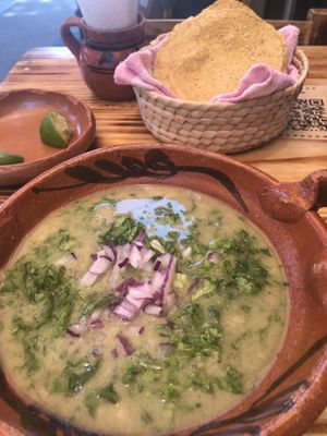 Green pozole special  at Mictlan Antojitos Veganos in Mexico City
