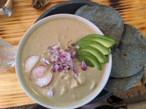Pozole at Mictlan Antojitos Veganos in Mexico City