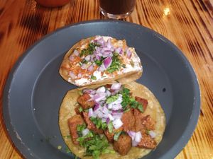 Tacos de "chuleta" y queso gratinado at Mictlan Antojitos Veganos in Mexico City