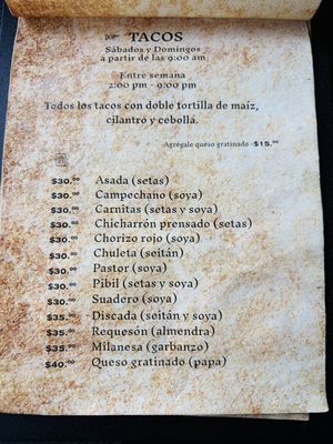 Taco menu  at Mictlan Antojitos Veganos in Mexico City