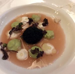 an amazing tasting night - Black Kelp Caviar & Tarragon Avocado Puree - horseradish gelee | yuzu pearls | rhubarb water | vanilla and olive oil dust at Elizabeth's in Washington