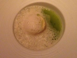 Parsnip Chamomile Flan - cashew base with champagne and elderberry cucumber soup at Elizabeth's in Washington