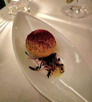 Beet Espuma. Semolina sphere, pistachio, tarragon oil, cashew cheese at Elizabeth's in Washington