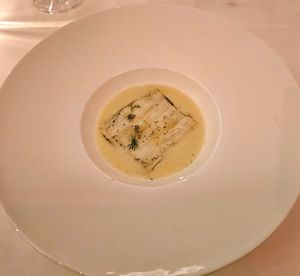 Italian White Asparagus Soup, chamomile infused chayote squash, cilantro flowers cacao butter at Elizabeth's in Washington