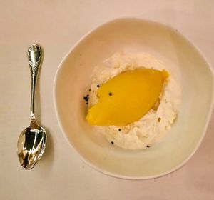 Pineapple & Peppadew Sorbet, lavender cream. Incredibly flavorful lavender at Elizabeth's in Washington