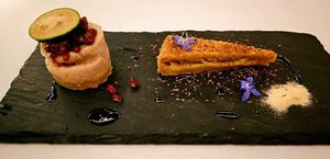 Feijoa Cheesecake: crispy plantain e'clair, barberries, aloe vera marmalade, sumac at Elizabeth's in Washington