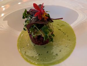 Rainbow Moon
-	beet tartare, fermented almond cheese, buddha’s hand citrus, cream of tarragon & rosewater
 at Elizabeth's in Washington