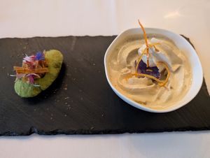 Amuse Duo: 
Opening
-	fermented fennel seed sausage, avocado & lime-truffle cream, tamari marinated taro, puff pastry
Upward
-	sunchoke soup, fermented caraway seed whipped cre at Elizabeth's in Washington