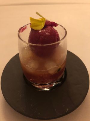 Shiraz-sake granita with been sorbet at Elizabeth's in Washington