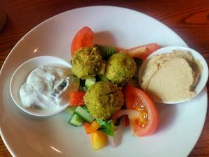 Falafel and Homous. at The Harbour in Caernarfon