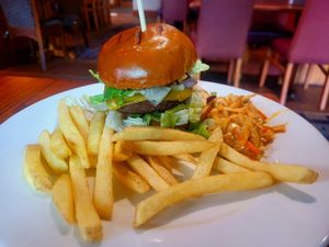 The Vegan Burger with This Isn't Bacon Rashers. at The Harbour in Caernarfon