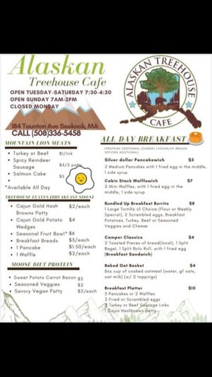 Breakfast menu at Alaskan Treehouse Cafe in Seekonk