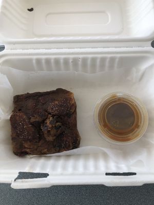 Vegan Bread pudding with vegan caramel sauce at Alaskan Treehouse Cafe in Seekonk