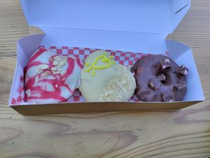 Cherry, lemon curd, and Rocky Road. Excellent! at Future Doughnuts in Bristol