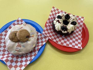 Milk and cookies and Black Forest donuts  at Future Doughnuts in Bristol