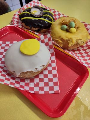 Three Easter themed doughnuts at Future Doughnuts in Bristol