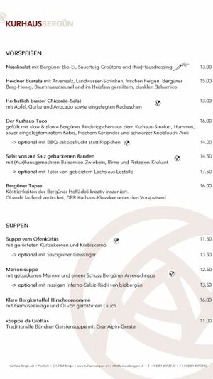 Menu September 2021 at Kurhaus Bergün in Bergun