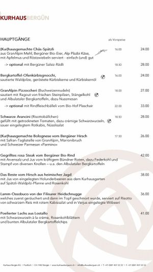 Menu September 2021 at Kurhaus Bergün in Bergun
