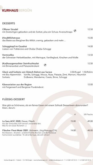 Menu September 2021 at Kurhaus Bergün in Bergun