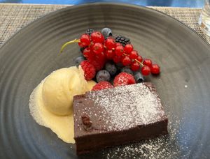 Vegan Brownie with vegan ice cream  at Kurhaus Bergün in Bergun