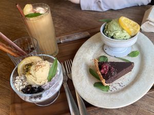 Cilantro icecream, chocolate tart, kombucha float, coconut yogurt ice   at Qyun Fermented Cafe 큔 in Seoul
