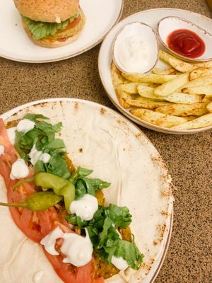 Room service Falafel potatoes and veg burger  at Mod Santorini in Santorini