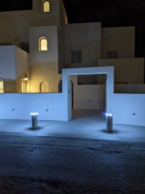 View of front of hotel at night at Mod Santorini in Santorini