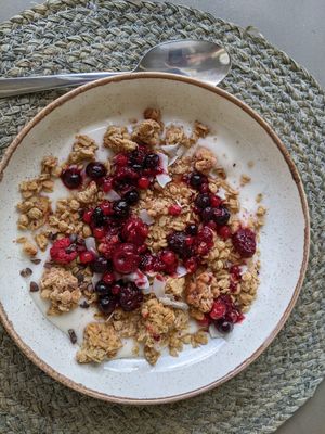 Yummy vegan granola, fresh fruits and yogurt at Mod Santorini in Santorini