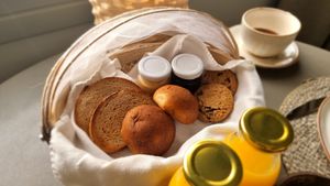 Daily baked breakfast goods with peanut butter and cherry jam at Mod Santorini in Santorini