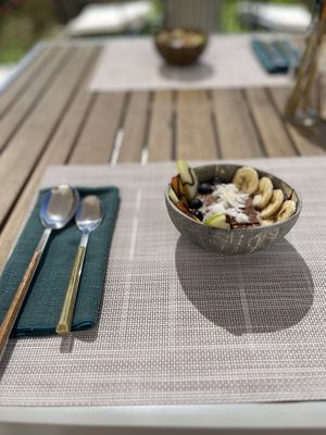 Overnight oats in coco shell  at Mod Santorini in Santorini